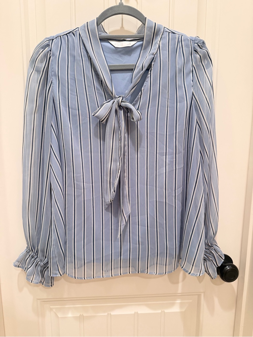LC Lauren Conrad Blue and White Striped Tie-Neck Blouse